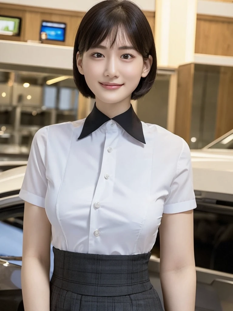 Highest quality、masterpiece、8k、Very detailed、Realistic、(One person:1.2)、Looking at me with a smile、whole body、Black Hair、Short Hair、Small face、Slender、(Very large breasts:1.2)、Thin and beautiful legs、narrow and constricted waist,、(Family Restaurant Uniforms:1.2)、A tight-fitting white shirt with buttons and a collar、A short, black, high-waisted skirt、(Nobody background)