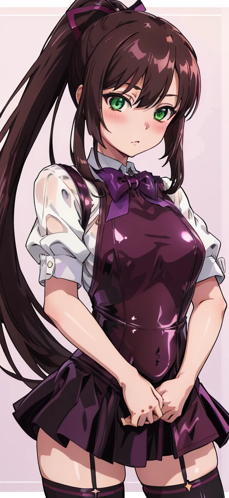 masterpiece, best quality,1girl,solo,kirasaka sayaka,brown hair,long hair,ponytail, hair ribbon, green eyes,,purple thighhighs, wariza, (latex). (((Mistress)))