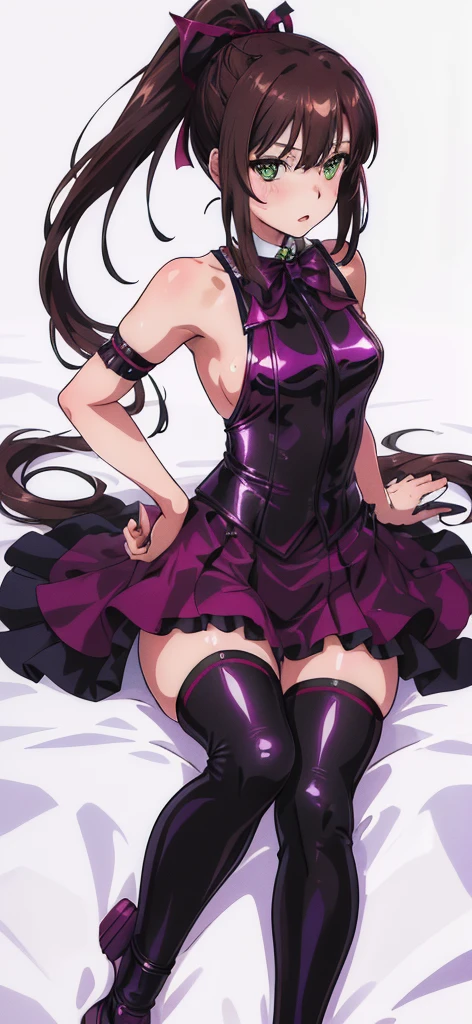 masterpiece, best quality,1girl,solo,kirasaka sayaka,brown hair,long hair,ponytail, hair ribbon, green eyes,,purple thighhighs, wariza, (latex). (((Mistress)))