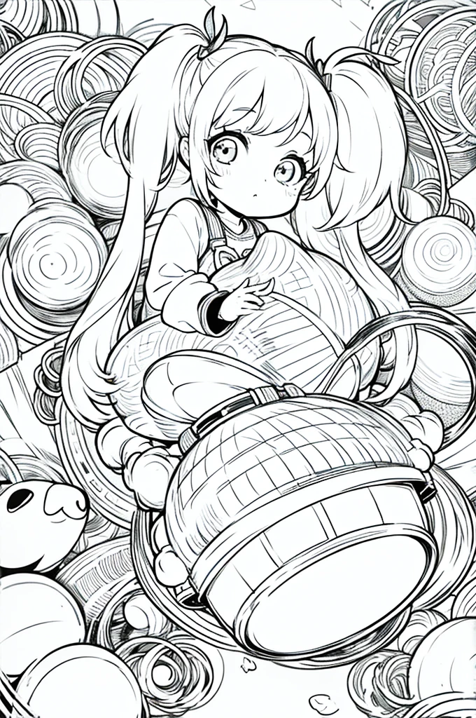 cute chibi girl with pigtails,lineart, monochrome