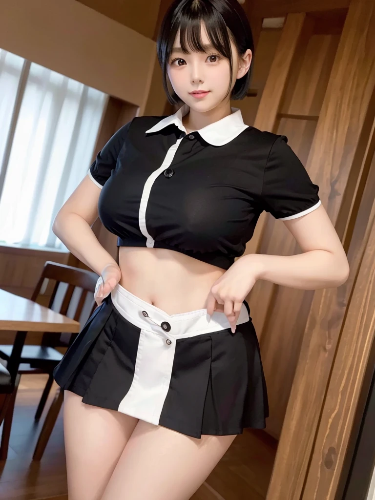 Highest quality、masterpiece、8k、Very detailed、Realistic、(One person:1.2)、Looking at me with a smile、whole body、Black Hair、Short Hair、Small face、Slender、(Very large :1.2)、Thin and beautiful legs、narrow and constricted waist,、(Family Restaurant Uniforms:1.2)、A tight-fitting white shirt with buttons a collar、A short, black, high-waisted skirt、(Nobody background)