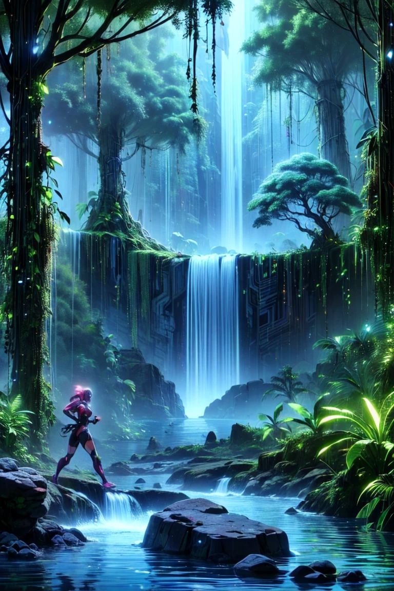 top quality, future world, State-of-the-art robot, Beautiful Woman walking in the jungle , flying hair, whole body photo, back view, (((jungle, adventure, huge trees, water fall, huge stone)))