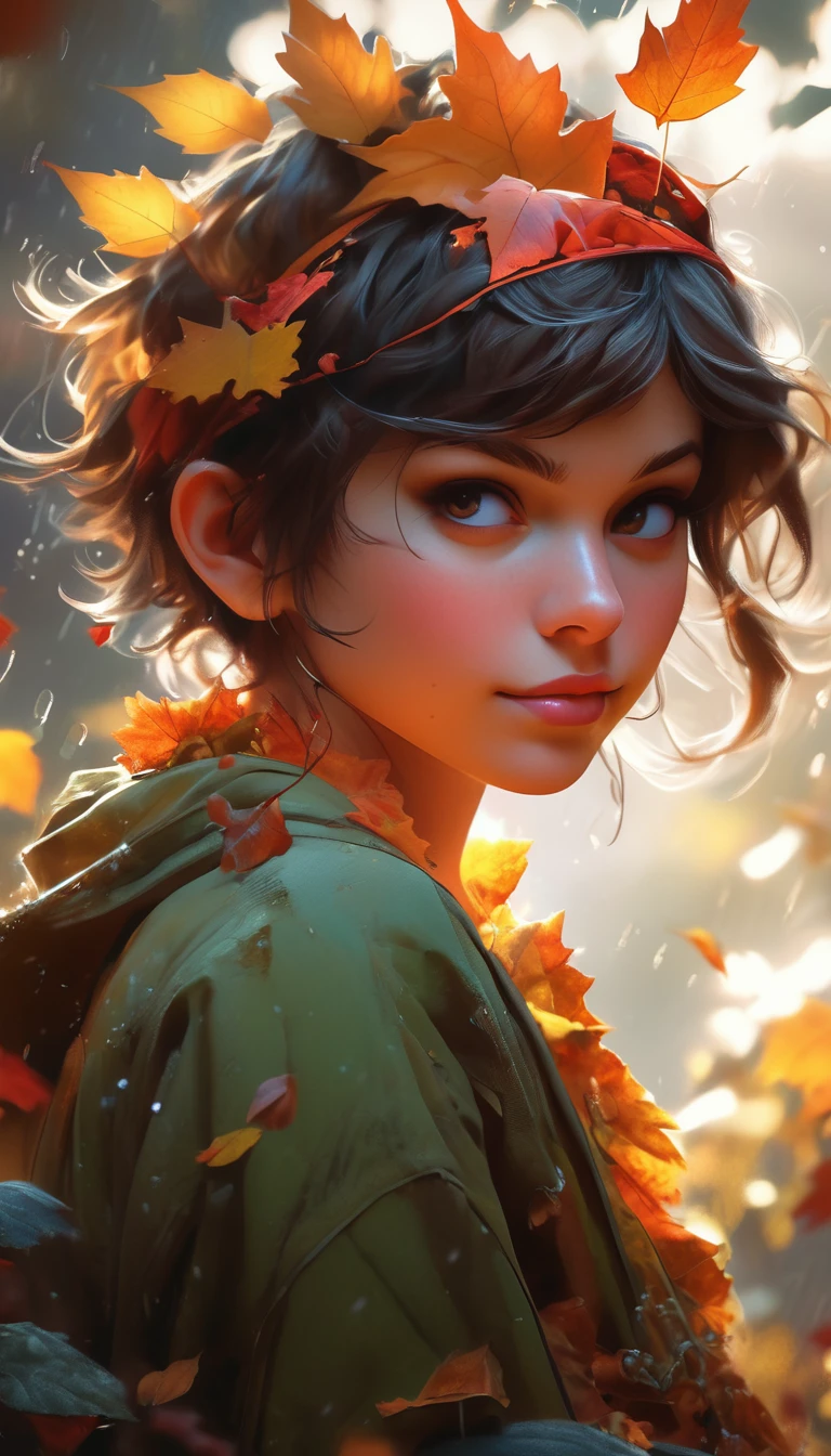 an autumn leaf pixie girl on a leaf in the rain, The agis man and the world of space adventure, photo realism, 8k resolution, resolution, garden, trending on artstation, 4k, intricate details, highly detailed, pencil drawing, sketching, unreal engine, Caravaggio, greg rutkowski, loish, rhads, beeple, makoto shinkai and lois van baarle, ilya kuvshinov, rossdraws, tom bagshaw, alphonse mucha, oil painting, heavy strokes, paint dripping, oil painting, heavy strokes, paint dripping