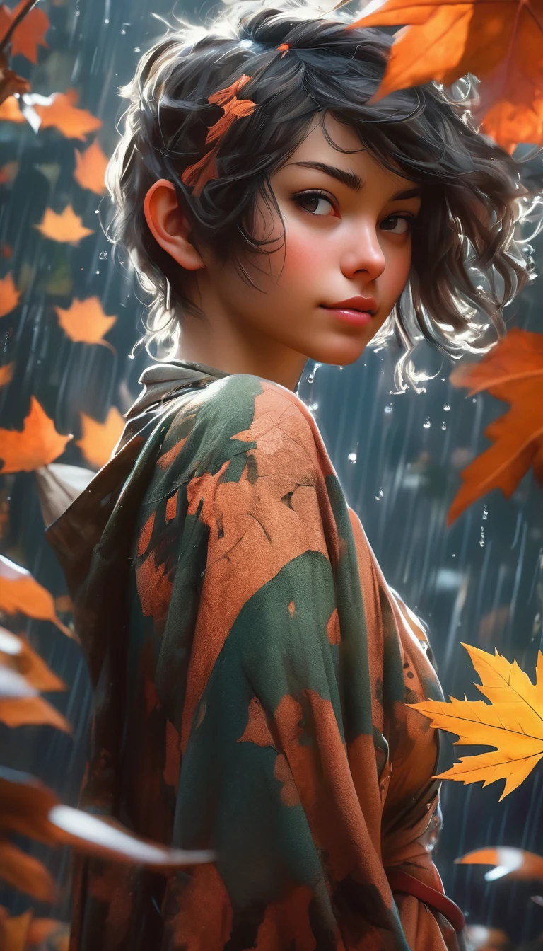 an autumn leaf pixie girl on a leaf in the rain, The agis man and the world of space adventure, photo realism, 8k resolution, resolution, garden, trending on artstation, 4k, intricate details, highly detailed, pencil drawing, sketching, unreal engine, Caravaggio, greg rutkowski, loish, rhads, beeple, makoto shinkai and lois van baarle, ilya kuvshinov, rossdraws, tom bagshaw, alphonse mucha, oil painting, heavy strokes, paint dripping, oil painting, heavy strokes, paint dripping