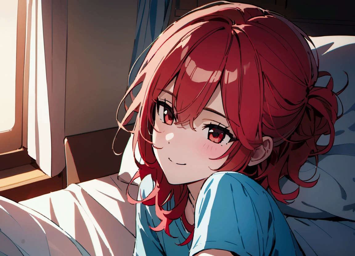 Red hair, morning, getting up from bed, smile, bed, blue t-shirt,