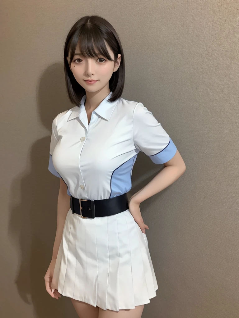 Highest quality、masterpiece、8k、Very detailed、Realistic、(One person:1.2)、Looking at me with a smile、whole body、Black Hair、Short Hair、Small face、Slender、(Very large breasts:1.2)、Thin and beautiful legs、narrow and constricted waist,、(Family Restaurant Uniforms:1.2)、A tight-fitting white shirt with buttons and a collar、A short, black, high-waisted skirt、(Nobody background)