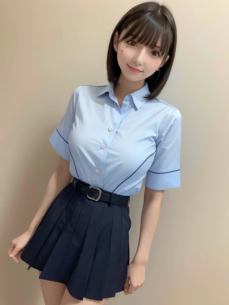 Highest quality、masterpiece、8k、Very detailed、Realistic、(One person:1.2)、Looking at me with a smile、whole body、Black Hair、Short Hair、Small face、Slender、(Very large breasts:1.2)、Thin and beautiful legs、narrow and constricted waist,、(Family Restaurant Uniforms:1.2)、A tight-fitting white shirt with buttons and a collar、A short, black, high-waisted skirt、(Nobody background)