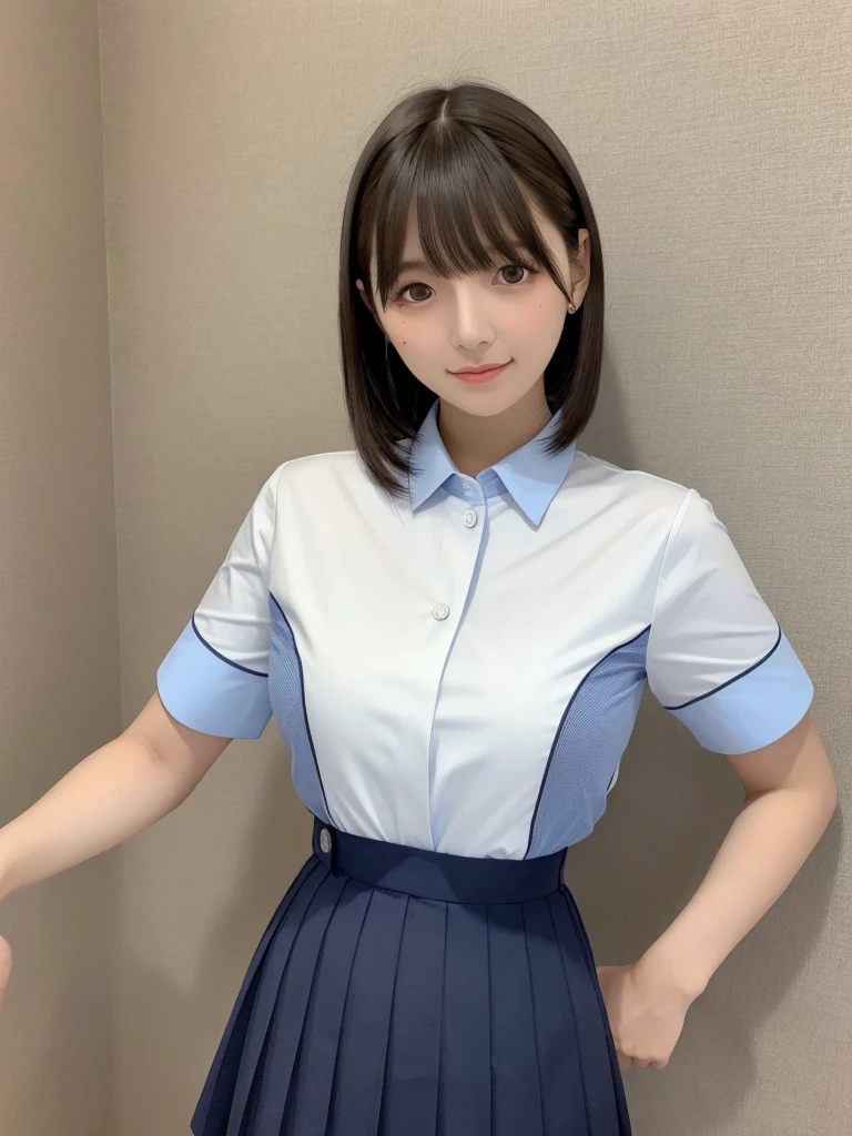 Highest quality、masterpiece、8k、Very detailed、Realistic、One girl、Looking at me with a smile、Black Hair、Short Hair、Small face、Slender、(Big Breasts:1.5)、Thin and beautiful legs、narrow and constricted waist,、Young face、A tight-fitting short-sleeved white shirt with buttons and a collar、Short navy blue pleated skirt、Red ribbon on chest、(Erect nipples:1.2)、(Only the middle button of the shirt is undone)