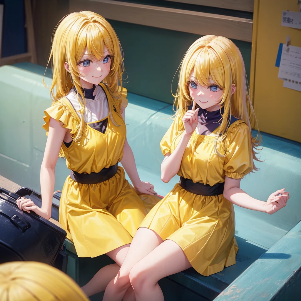 A clumsy, yellow-haired girl wearing yellow clothes。Looking at the camera and smiling shyly。