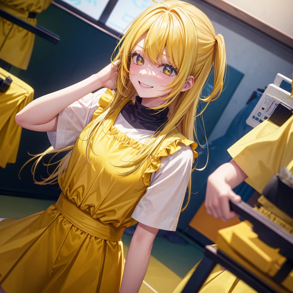 A clumsy, yellow-haired girl wearing yellow clothes。Looking at the camera and smiling shyly。
