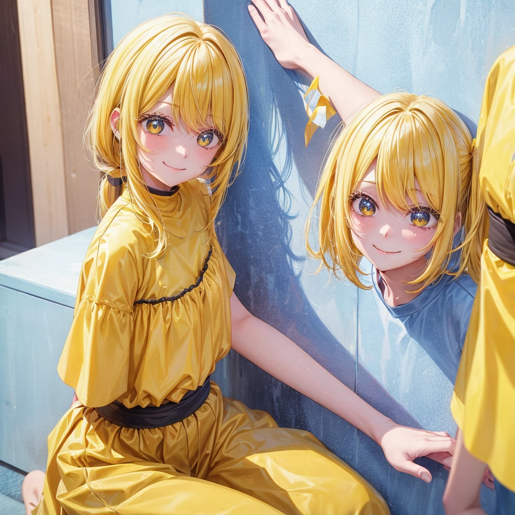 A clumsy, yellow-haired girl wearing yellow clothes。Looking at the camera and smiling shyly。