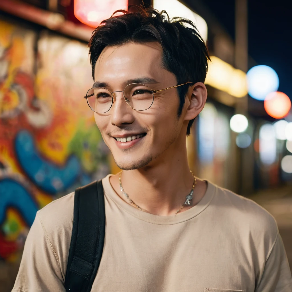 A portrait photo of a gorgeous young French-Japanese man, handsome K-pop idols face, from side, still from the film, ((solo)), (Won Bin look alike face: 0.9), He is 40 years old, 176 cm tall, smiling, with Buzz cut hair in black. He has electric brown eyes and is wearing a beige t-shirt, ripped jeans, and red sneakers. He has multiple tattoos (a dragon on his arm, a phoenix on his neck), He is also wearing large eyeglasses, The background colorful graffiti, with night light bulbs, bokeh, silhouette, shallowed depth of field, Leica SL3, Summicron-SL 75 f/2 ASPH, kodak gold 200 film,Mysterious