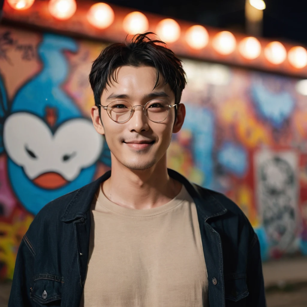 A portrait photo of a gorgeous young French-Japanese man, handsome K-pop idols face, from side, still from the film, ((solo)), (Won Bin look alike face: 0.9), He is 40 years old, 176 cm tall, smiling, with Buzz cut hair in black. He has electric brown eyes and is wearing a beige t-shirt, ripped jeans, and red sneakers. He has multiple tattoos (a dragon on his arm, a phoenix on his neck), He is also wearing large eyeglasses, The background colorful graffiti, with night light bulbs, bokeh, silhouette, shallowed depth of field, Leica SL3, Summicron-SL 75 f/2 ASPH, kodak gold 200 film,Mysterious