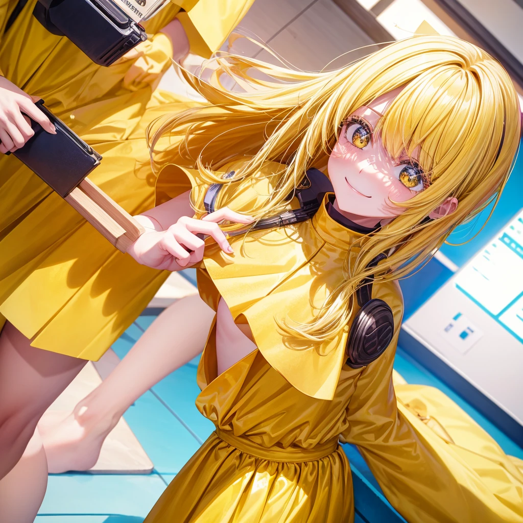 A clumsy, yellow-haired girl wearing yellow clothes。Looking at the camera and smiling shyly。