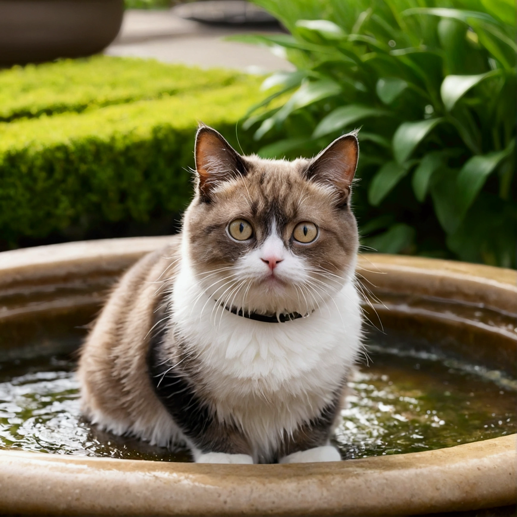 A round-eyed cute cat, Garden fountain, , Distant home, cute, Little