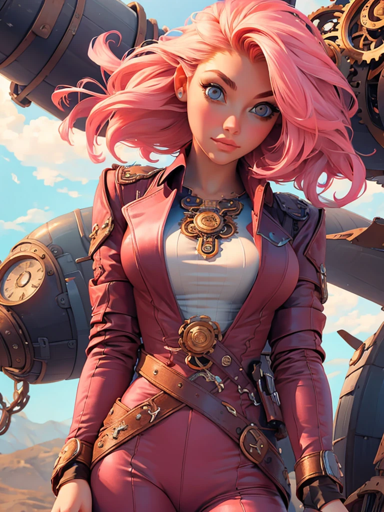 best quality, masterpiece, upper body, woman, blonde hair blown in the wind, shining eyes, steampunk nude style, thin clothes, pink clothes, pink hair