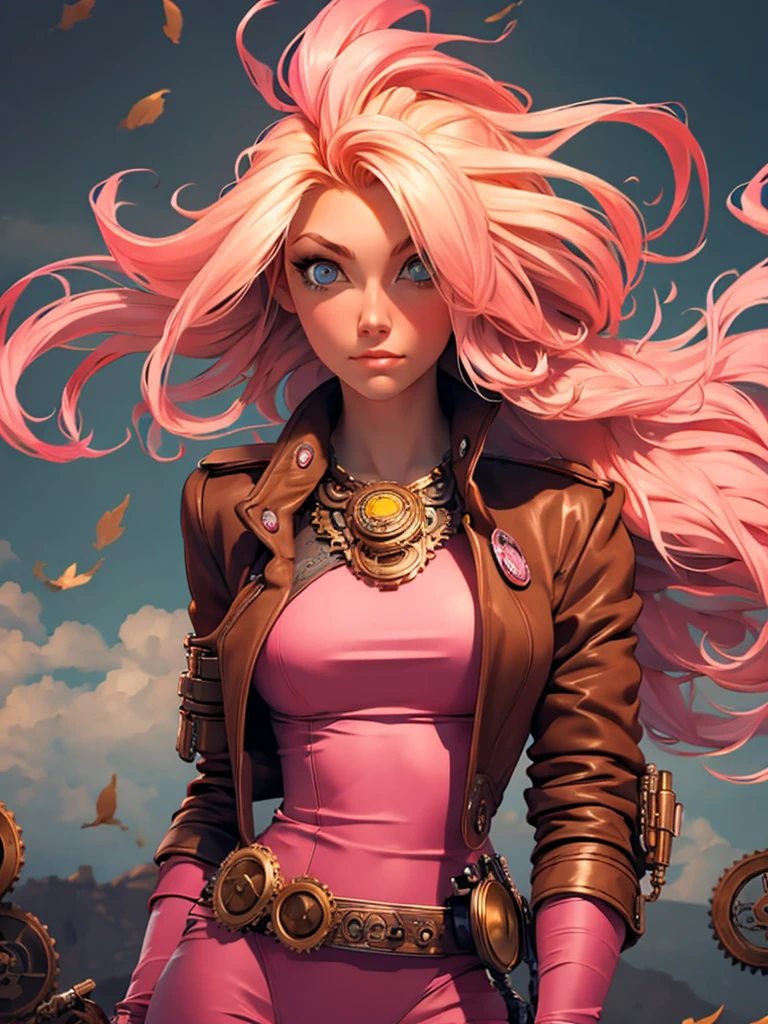 best quality, masterpiece, upper body, woman, blonde hair blown in the wind, shining eyes, steampunk nude style, thin clothes, pink clothes, pink hair