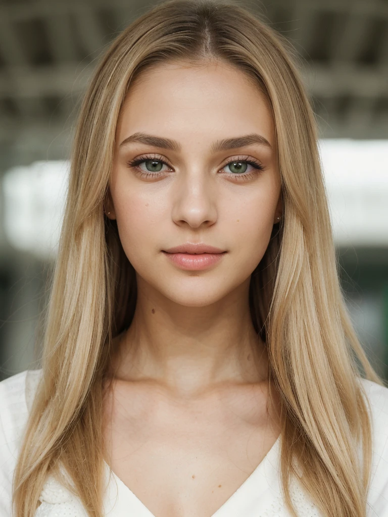 girl with waist-length blonde hair. Oval face. Small and proportional nose with a smooth straight profile with symmetry and naturalness. Large, expressive eyes with a vibrant green color with a penetrating look with long, defined eyelashes. Full and well-defined lips with marked cupid curves of moderate size and symmetrical. nose, eyes, lips and ears are balanced and complement the oval shape of the face, symmetrical with each other, healthy and well-groomed skin, as well as shiny and well-groomed hair. (Textured Skin), (((Life Real))). (((petite))), (((smal))). en el aeropuerto de santiago