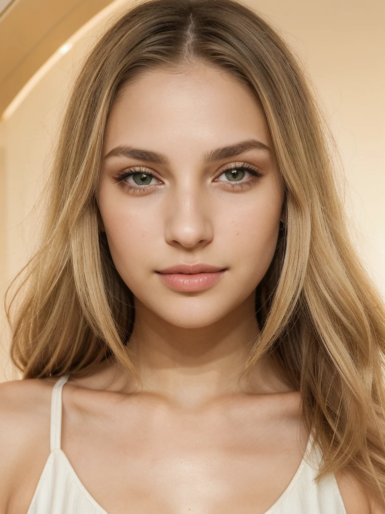 girl with waist-length blonde hair. Oval face. Small and proportional nose with a smooth straight profile with symmetry and naturalness. Large, expressive eyes with a vibrant green color with a penetrating look with long, defined eyelashes. Full and well-defined lips with marked cupid curves of moderate size and symmetrical. nose, eyes, lips and ears are balanced and complement the oval shape of the face, symmetrical with each other, healthy and well-groomed skin, as well as shiny and well-groomed hair. (Textured Skin), (((Life Real))). (((petite))), (((smal))). en el aeropuerto de santiago
