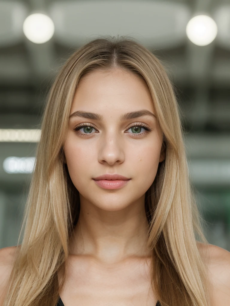 girl with waist-length blonde hair. Oval face. Small and proportional nose with a smooth straight profile with symmetry and naturalness. Large, expressive eyes with a vibrant green color with a penetrating look with long, defined eyelashes. Full and well-defined lips with marked cupid curves of moderate size and symmetrical. nose, eyes, lips and ears are balanced and complement the oval shape of the face, symmetrical with each other, healthy and well-groomed skin, as well as shiny and well-groomed hair. (Textured Skin), (((Life Real))). (((petite))), (((smal))). en el aeropuerto de santiago