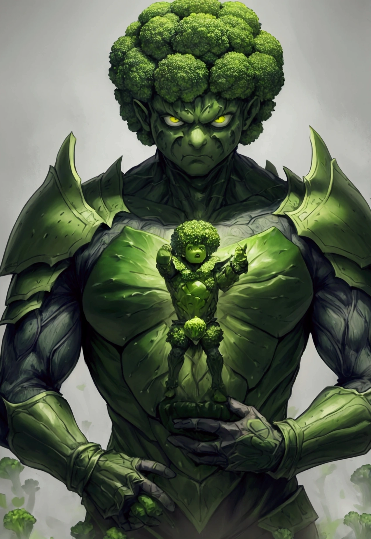 A man wrapped entirely in green broccoli,Skin color is green,Broccoli growing from head,The face is green,(Image of 1 person),cool,Holding broccoli,Broccoli Armor,Hero,A face full of anger,Golem,Handsome,