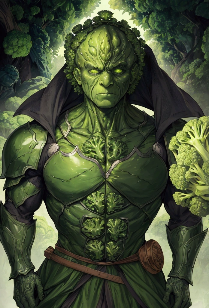 A man wrapped entirely in green broccoli,Skin color is green,Broccoli growing from head,The face is green,(Image of 1 person),cool,Holding broccoli,Broccoli Armor,Hero,A face full of anger,Golem,Handsome,