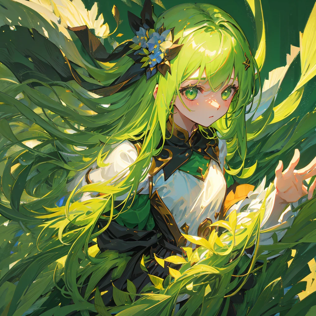 One girl，Green long hair，middle Ages，((Pure green background))