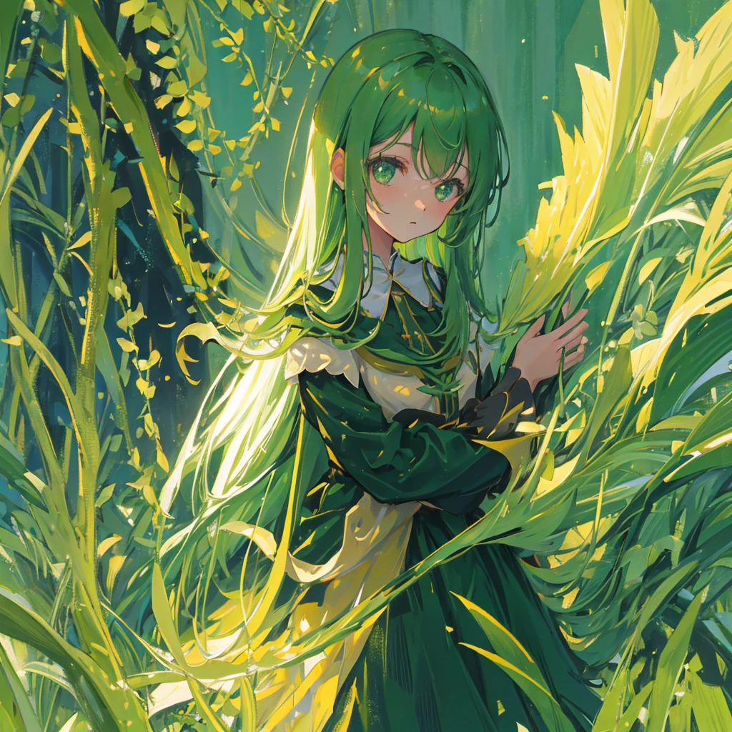 One girl,Green long hair,middle Ages,((Pure green background))