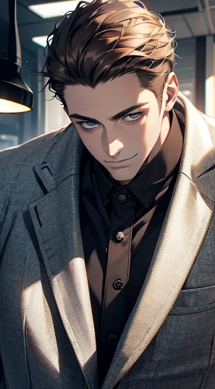 (best quality,4k,8k,highres,masterpiece:1.2),ultra-detailed,(realistic,photorealistic,photo-realistic:1.37),1 man,31 years old,mature man,very handsome,without expression,smile,short grey brown hair,blue eyes,penetrating gaze,perfect face without errors,imposing posture,businessman,office background,cinematic lighting,hdr image