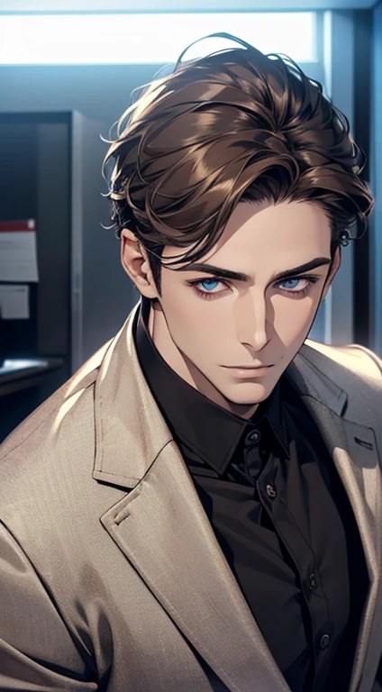 (best quality,4k,8k,highres,masterpiece:1.2),ultra-detailed,(realistic,photorealistic,photo-realistic:1.37),1 man,31 years old,mature man,very handsome,without expression,smile,short grey brown hair,blue eyes,penetrating gaze,perfect face without errors,imposing posture,businessman,office background,cinematic lighting,hdr image