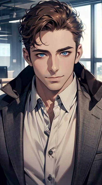 (best quality,4k,8k,highres,masterpiece:1.2),ultra-detailed,(realistic,photorealistic,photo-realistic:1.37),1 man,31 years old,mature man,very handsome,without expression,smile,short grey brown hair,blue eyes,penetrating gaze,perfect face without errors,imposing posture,businessman,office background,cinematic lighting,hdr image