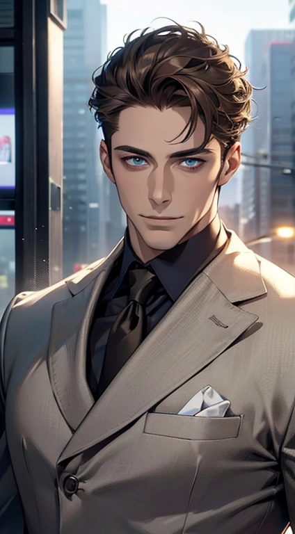 (best quality,4k,8k,highres,masterpiece:1.2),ultra-detailed,(realistic,photorealistic,photo-realistic:1.37),1 man,31 years old,mature man,very handsome,without expression,smile,short grey brown hair,blue eyes,penetrating gaze,perfect face without errors,imposing posture,businessman,office background,cinematic lighting,hdr image