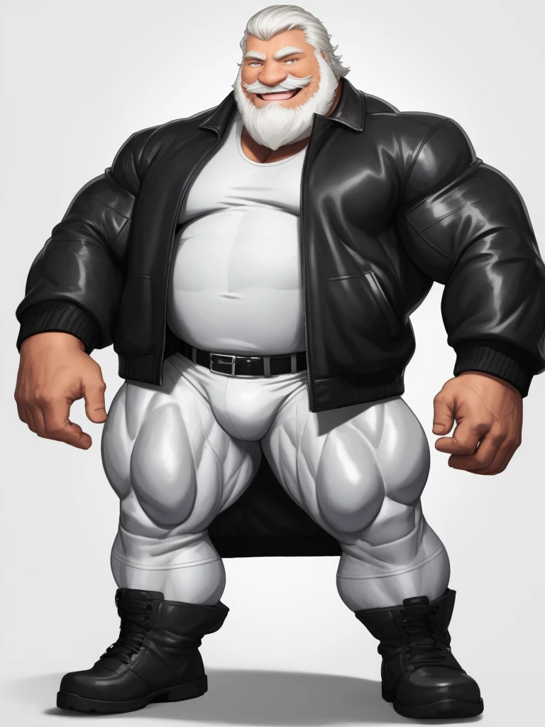 huge muscular old man, standing, smile, happy, wearing leather jacket, open jacket, sleeved, white tshirt, thick arms, wide pectoral, full body, front view, masterpiece, proportional, white hair, bearded, huge and giant