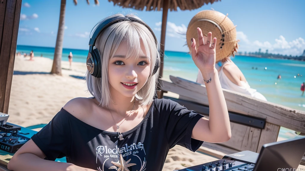 (ultra - detailed, 16K resolution, Cinema lenses, rendering by octane), (high resolution:1.18), intricate detail, (masterpiece:1.1), (highest quality:1.1), (1girl, portrait, white hair, blue eyes, short hair, detailed eyes),Wearing silver DJ headphones, sequined T-shirt, (in the beach:1.5), (Iconic hip-hop pop costumes:1.3), Smile while DJing on stage, DJ studio next to the beach, ((A stylish DJ stage on a hill overlooking the beach)), full body shot, Photorealistic photography by Sunshine, (cute round face:1.3), perfect fingers, five fingers, beautiful hands, perfect hands. master peace, cute smile, Fixhand.