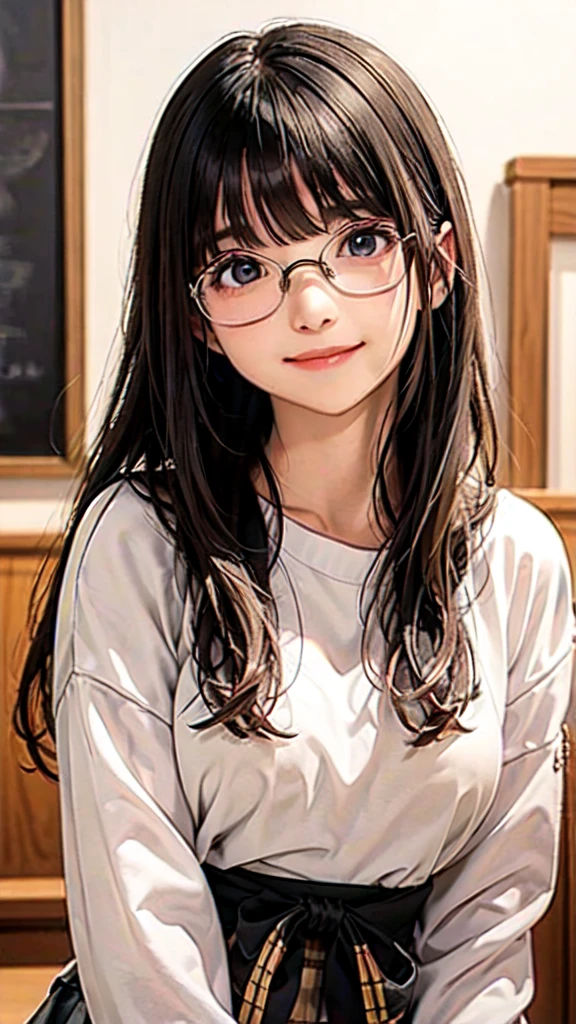 very cute and beautiful girl,(Highly detailed beautiful face),(((A very cute face like a top Japanese idol)))、White blouse,ribbon,(Pleated check mini skirt),
Black Hair,Wooden classroom,
(Highest quality,masterpiece:1.0),Absurd,High resolution,Highly detailed background,Long Hair、(((((Composition from the front)))))、Bright colors、(((smile)))、(((looking at the camera)))、(((upper body shot)))、Very beautiful big eyes like a famous Japanese idol、Glasses