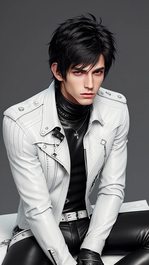 Final fantasy taste and reality graphics, Japanese young cute and cool ikemen boy, his age is early 20s, thin eyebrows and beady eyes, ((he wearing off white color leather thick material jacket)), ((jacket is singlebrest)), biker style jacket, with epaulet, jacket is long sleeve, ((must close the front of the leather jacket)), , ((voluminous leather jacket)), ,((must jacket is high length and stand-up collar)) ((jacket collar with two belts)), ((jacket is a little black color line pattern)),((close the front of the jacket)), ((also wearing black thick material turtleneck lackluster shirts)), ((tight black leather pants)), ((black leather tight and thin glove)), ((black leather knee-high raceup boots)),((must views head-to-toe)),((must views whole body)), ,((Do not show skin from the neck down)),leather jacket leather glove and leather pants have few wrinkles, Avoid showing your innerwear,zip up jacket fastner.must put on a leather glove.
Bous face is expression of ecstasy.
Boy is black hair.boy looks like fashion model.
Boy wrapping gagged with silver duct tape