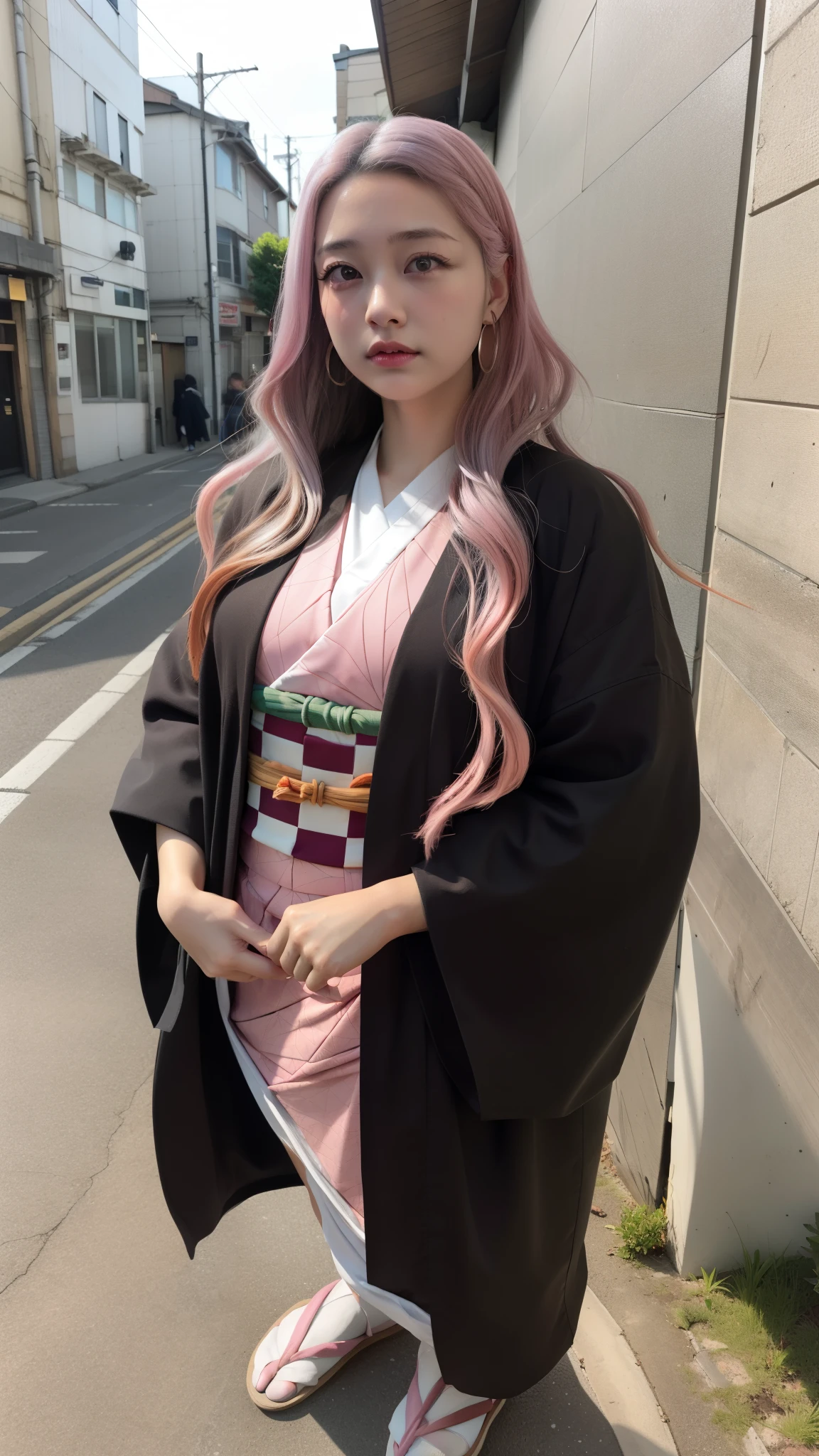 Cute Japanese woman, (16 years old), (Very cute face: 1.3), White moisturized skin,
BREAK,
Fighter, Kung Fu fighter, Idol,
BREAK,
(Wearing cute kimono: 1.3), (Very revealing kimono), Very big earrings, Short length,
BREAK,
(Long hair), (Bangs: 1.2), (Black hair), (Wavy hair), (Gradient pink hair: 1.3), (Red tips),
BREAK,
(Realistic: 1.3), Masterpiece, Perfect lighting, (Ultra high resolution), (8K), (Very detailed: 1.4), (From the front), Looking at the camera, Melancholic expression, (Full body),
BREAK,
(Japanese city streets: 1.2), Tokyo Tower in Japan background,
BREAK,
(Demon Slayer: 1.4),
BREAK,
(Hellfire: 1.3), Demon, (Flame: 1.3)