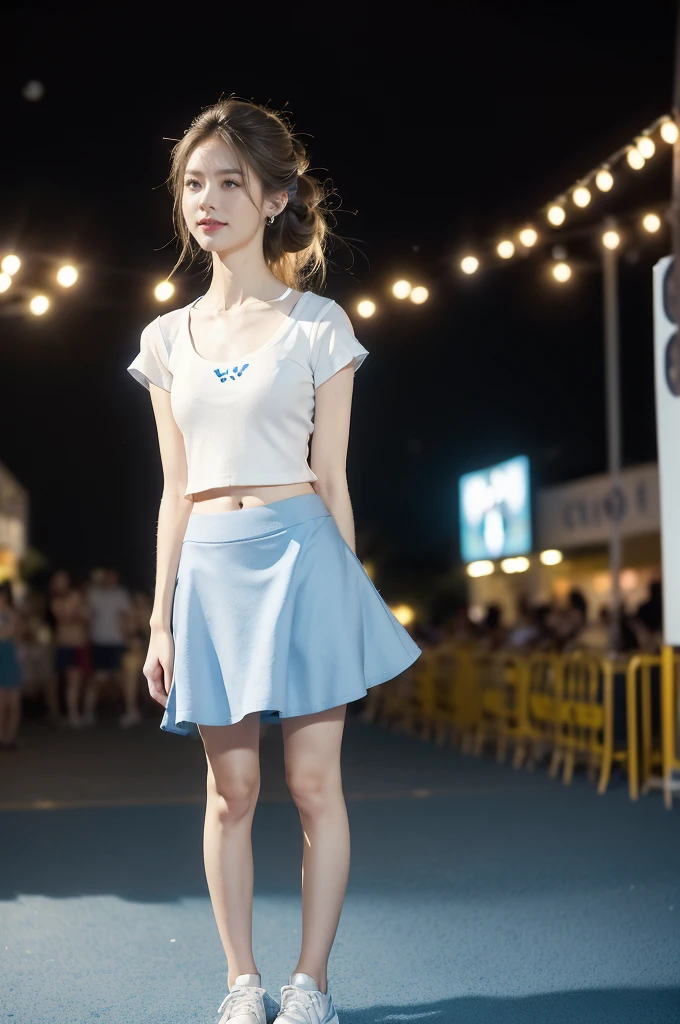 (((best quality))),(((ultra detailed))),(((masterpiece))),illustration,((a beautiful girl,solo)),((slim,thin)),((small breasts,flat chest,claviclis,navel)),(blue short-sleeved white shirt:1.5),(blue mini-skirt:1.3),(slender legs:1.2),(sneakers:1.3),(standing:1.3),(on the stage:1.3),((outside a shopping mall, at the entrance of a beer promotional event)),((surrounded by crowded crowds)),((her hair and the edges of her skirt fluttering in the air)),hair flows freely in the wind,fluttering skirt,expressive eyes,infectious smile,the stage adorned with colorful decorations,vibrant atmosphere,(night scene:1.3),(from front:1.3),(arms behind back:1.3),(full body:1.3),