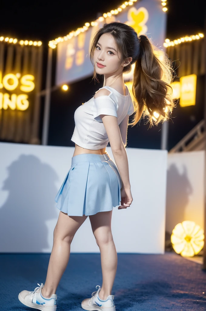 (((best quality))),(((ultra detailed))),(((masterpiece))),illustration,((a beautiful girl,solo)),((slim,thin)),((small breasts,flat chest,claviclis,navel)),(blue short-sleeved white shirt:1.5),(blue mini-skirt:1.3),(slender legs:1.2),(sneakers:1.3),(standing:1.3),(on the stage:1.3),((outside a shopping mall, at the entrance of a beer promotional event)),((surrounded by crowded crowds)),((her hair and the edges of her skirt fluttering in the air)),hair flows freely in the wind,fluttering skirt,expressive eyes,infectious smile,the stage adorned with colorful decorations,vibrant atmosphere,(night scene:1.3),(from front:1.3),(arms behind back:1.3),(full body:1.3),