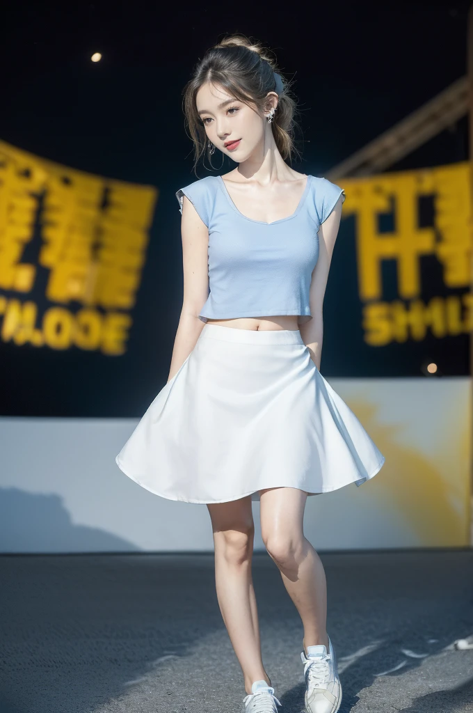 (((best quality))),(((ultra detailed))),(((masterpiece))),illustration,((a beautiful girl,solo)),((slim,thin)),((small breasts,flat chest,claviclis,navel)),(blue short-sleeved white shirt:1.5),(blue mini-skirt:1.3),(slender legs:1.2),(sneakers:1.3),(standing:1.3),(on the stage:1.3),((outside a shopping mall, at the entrance of a beer promotional event)),((surrounded by crowded crowds)),((her hair and the edges of her skirt fluttering in the air)),hair flows freely in the wind,fluttering skirt,expressive eyes,infectious smile,the stage adorned with colorful decorations,vibrant atmosphere,(night scene:1.3),(from front:1.3),(arms behind back:1.3),(full body:1.3),