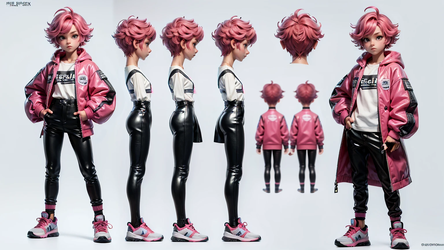 cute face boy, cute face, short height boy, wearing casual futuristic  pent, full standing pose, pink curly  hairs, pink  hair, sports shoes, Character Sheet, , Full body, Simple white background, front pose character reference sheet, Concept art, design sheet