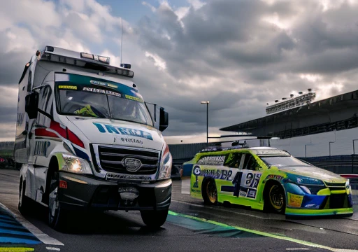 There are two ambulance cars parked next to each other with white and red lights., un head-on, motorsport photography, disparo HdR, Photo HDR, nascar, en una pista de careers, Lt. Andrew Domachowski, nascar race, Photo HDRgraph, Color HDR, careers, Daytoner, by Anthony Devas, Edited, HdR, "plano general, still photo, desktop wallpaper