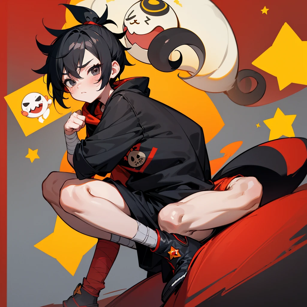 brawl stars, chibi boy, black short hair,mini black boy ponytail,blush on the cheeks, black kawaii eyes,dark gray mask on the eyes, red mini bandage around the neck, gray long hoodie, short sleeves, skinny legs, big red boots with yellow stars, seal tail