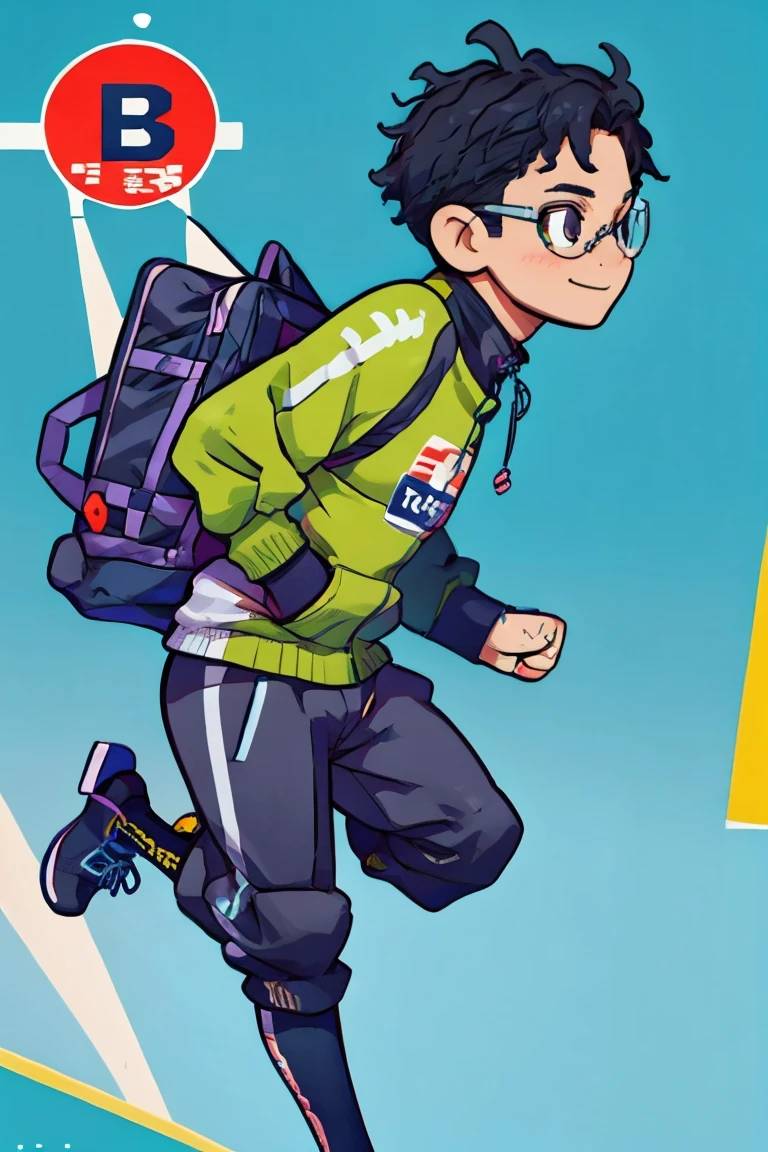 1male, sport_clothes, okarun, character design, clipart, full body, high contrast, flat_colors, character design, full body, profile view, smiling