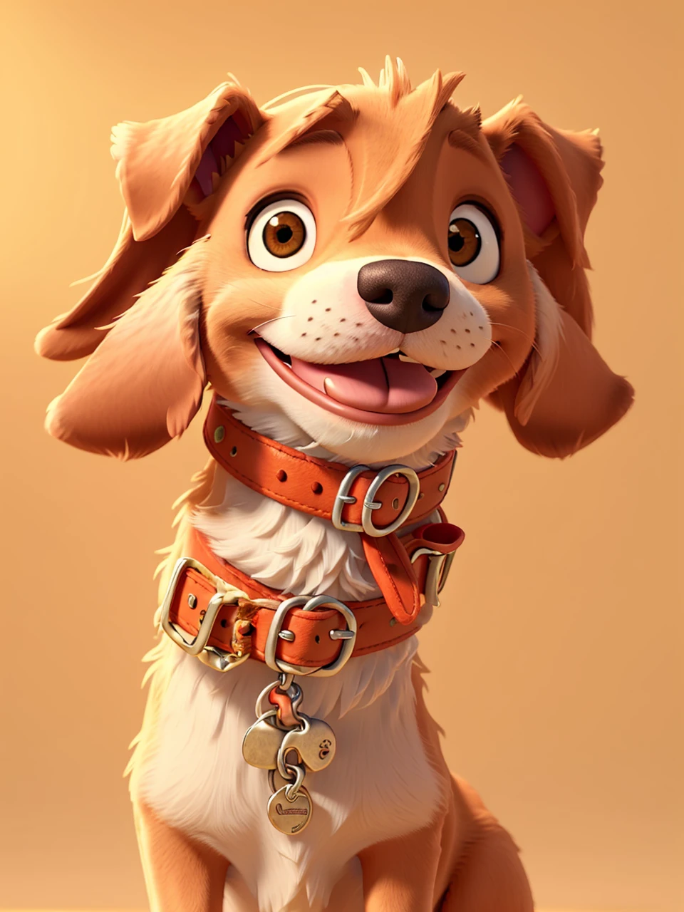 cute dog, dog with red collar, tongue out, happy expression, vibrant colors, warm lighting, soft focus background, highly detailed, photorealistic, 8k, masterpiece, cartoon like design, disney like