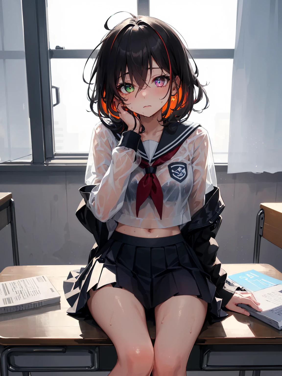 ((masterpiece, best quality)),best aesthetic,1girl, desk, sitting, school desk, detailed iris, sparkle eyes, star in eyes, enchanting purple eyes, (multicolored eyes), (shining dust), (heterochromia), (messy hair:1.3), (hair between eyes), (hair over one eye), (wavy hair:1.1), classroom, long hair, indoors, chair, looking at viewer, solo focus, brown eyes, skirt, long sleeves, open legs, spread legs, wet, sweating, transparent shirt, (see through:1.3), (transparent clothes:1.3), black serafuku, croptop, undershirt, pleated skirt, upskirt, underskirt, sailor collar, bangs, headrest, school chair