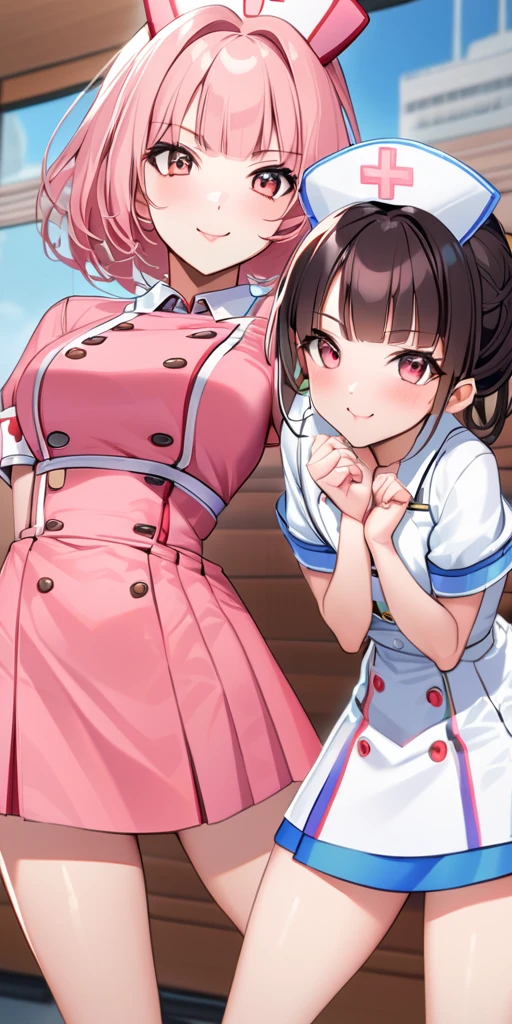 ((Highest quality、masterpiece、Anime Style、Highest quality、High resolution、8k、detailed、ultra-detailed:1.3))、Long legs、Sharp focus:1.2, Beautiful woman with perfect figure:1.4、(smile:1.2), double eyelid、30-year-old woman、Sexy pose、((((Shut your mouth.、One Woman、Nurse uniform:1.5)))),The background is a near-future Tokyo