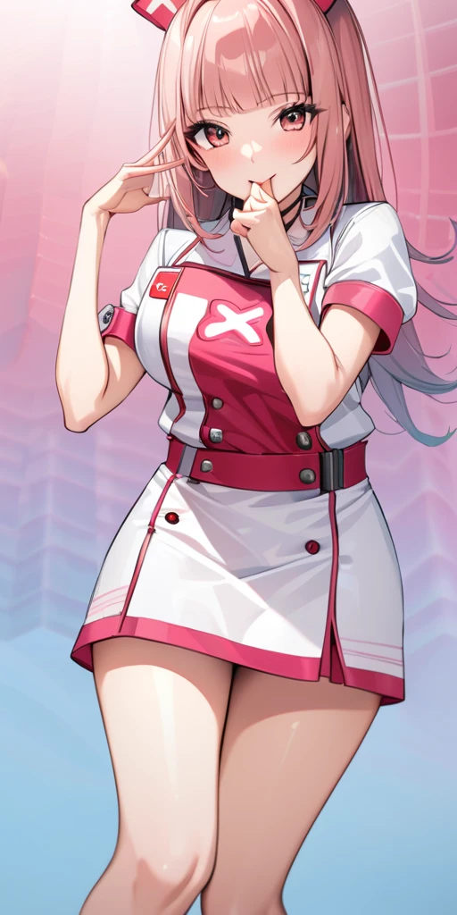 ((Highest quality、masterpiece、Anime Style、Highest quality、High resolution、8k、detailed、ultra-detailed:1.3))、Long legs、Sharp focus:1.2, Beautiful woman with perfect figure:1.4、(smile:1.2), double eyelid、30-year-old woman、Sexy pose、((((Shut your mouth.、One Woman、Nurse uniform:1.5)))),The background is a near-future Tokyo