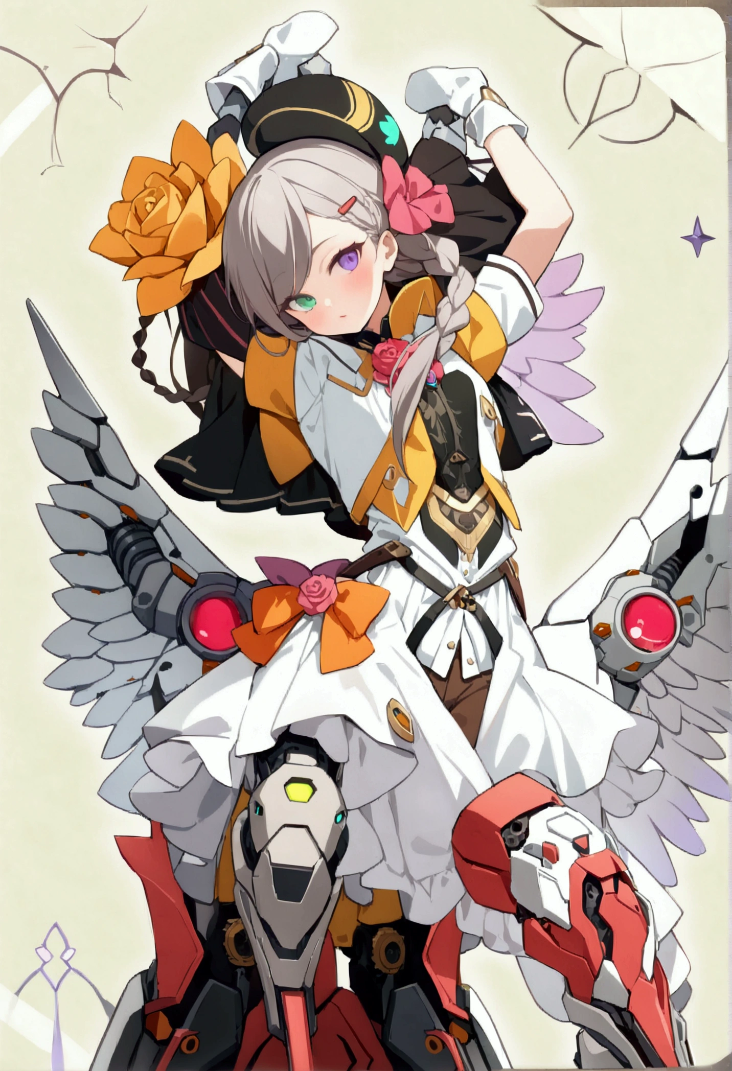 woman 165cm tall, slim build, , charming look, ((heterocromia: look like, derecho naranja y look like izquierdo violeta)), (Shoulder Length Wavy Gray Hair, a short braid on the left side of the hair, big open bangs, golden gear hairpin in hair), (((complex mechanical legs up to the hip, The legs are black with gray parts with small pink details))), (((complex mechanical arms up to the elbows, The arms are black with gray parts with small pink details))), (complex white mechanical angel wings with pastel green parts), (elegant black French beret with an orange rose ribbon), (stylish white short sleeve button down shirt, dark brown shorts from the waist, elegant black belt, small rose brooch on the neck, beautiful mechanical stiletto heels), (((character design sheet: Front view))), (((Whole body))), extremely detailed beautiful hair, beautiful detailed clothing, extremely detailed arms, extremely detailed face, (Extremely detailed hands), perfect hands, small face, hermosos look likes detallados, beautiful detailed lips, adorable, extremely detailed legs, (Best Quality, 8k, ultra resolution), ultra detailed, Exquisite and epic character art, ((Pastel yellow background)), (Focus on symmetry), (extremely detailed wings).