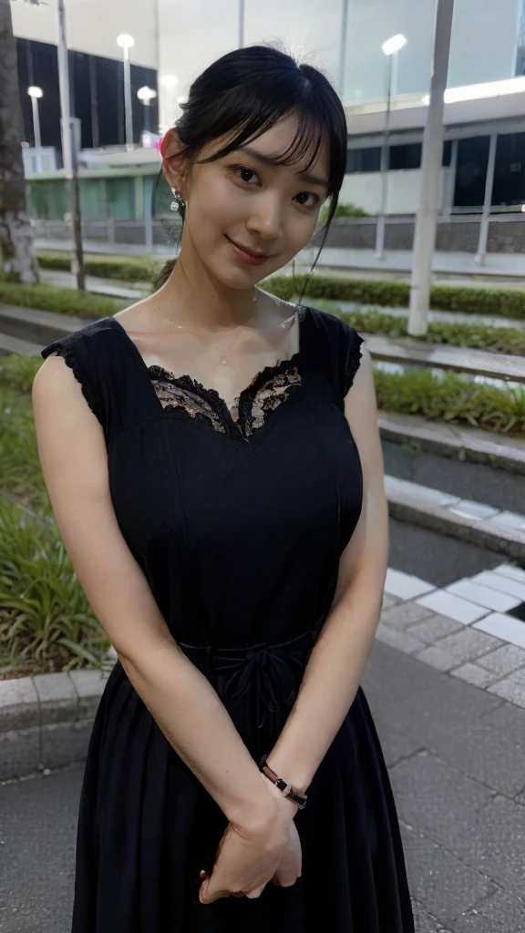 masterpiece, Highest quality, shape, Very detailed, Fine details, High resolution, 8k,wallpaper, Perfect dynamic composition,(High quality with attention to detail, Realistic depiction of eyes:1.3), (Japanese woman standing in a dirty alley in japan 深At night, Put your hands on your head, ed wall:1.1), Black hair color, Big Natural Color Lip, Attractive face, Provocative look, Crying a little、Cold Stare, Dirty back alleys of Japan、, At night, Full body photo、Focus on the crotch, Huge breasts black lace bra Shy laugh The lights in the building are out Paddy field Right behind the wall